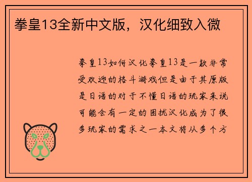 拳皇13全新中文版，汉化细致入微